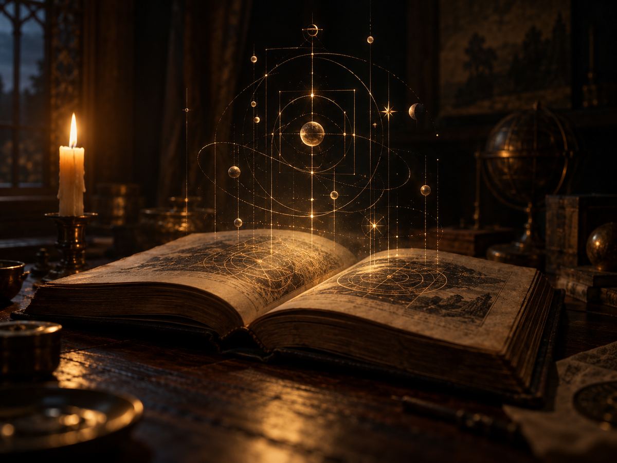 Открытая книга при свече и золотая карта неба над страницами